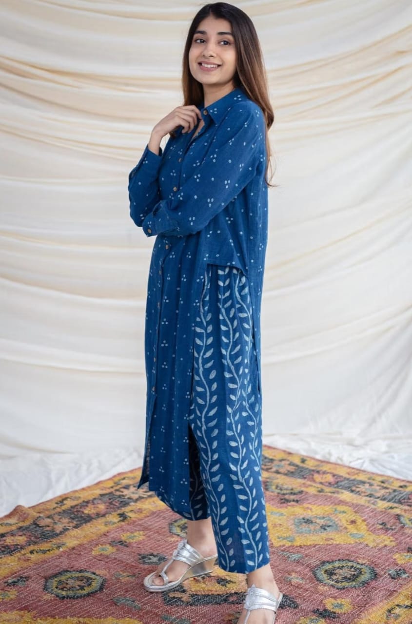 Indigo Blue Cotton Collared Shirt-Kurta And Pant Set For Women