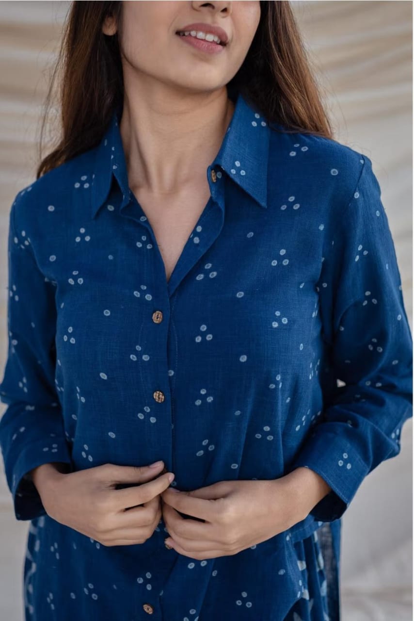 Indigo Blue Cotton Collared Shirt-Kurta And Pant Set For Women