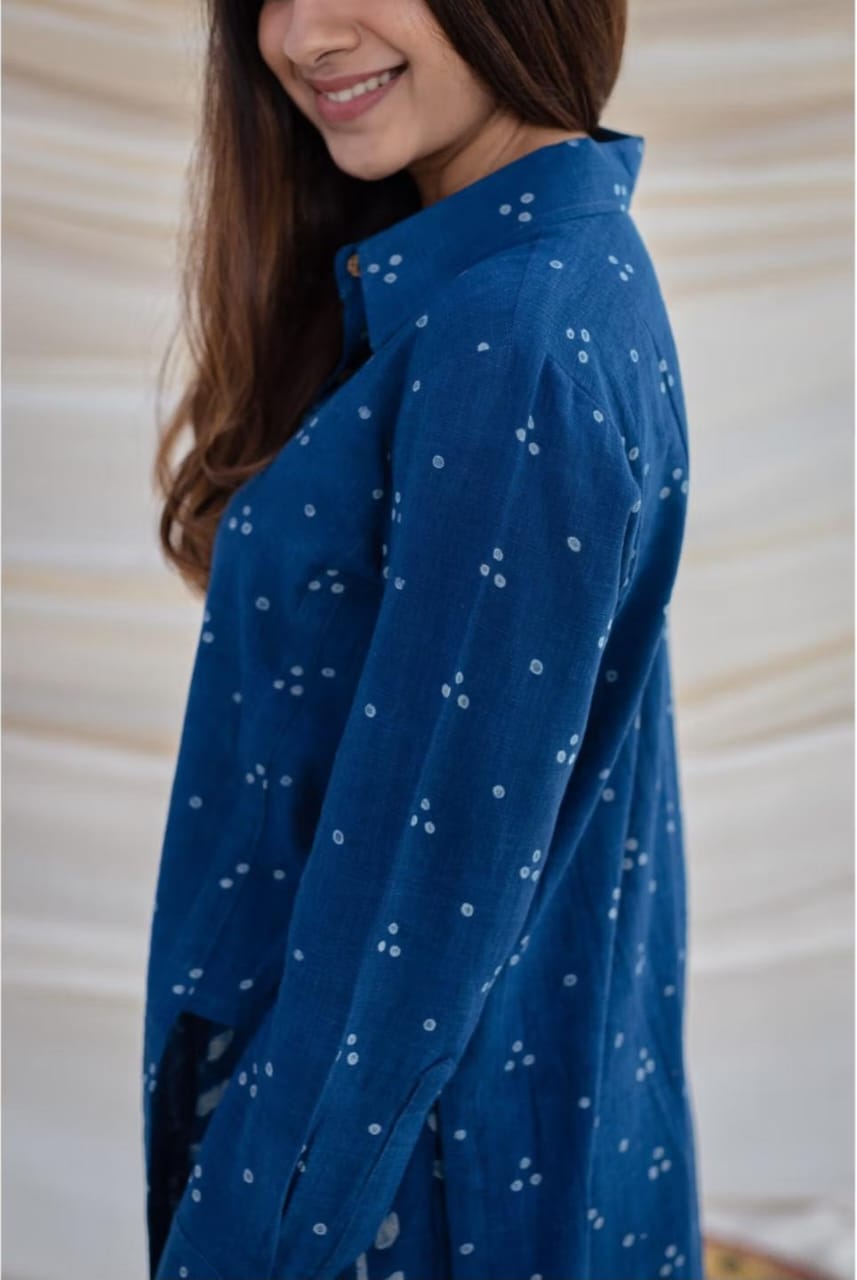 Indigo Blue Cotton Collared Shirt-Kurta And Pant Set For Women