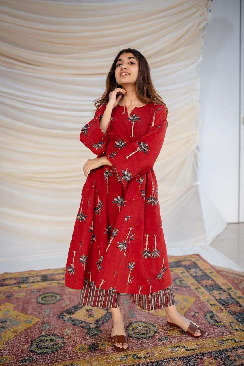 Maroon Cotton Palm Print Ethnic Co-ord Set For Women