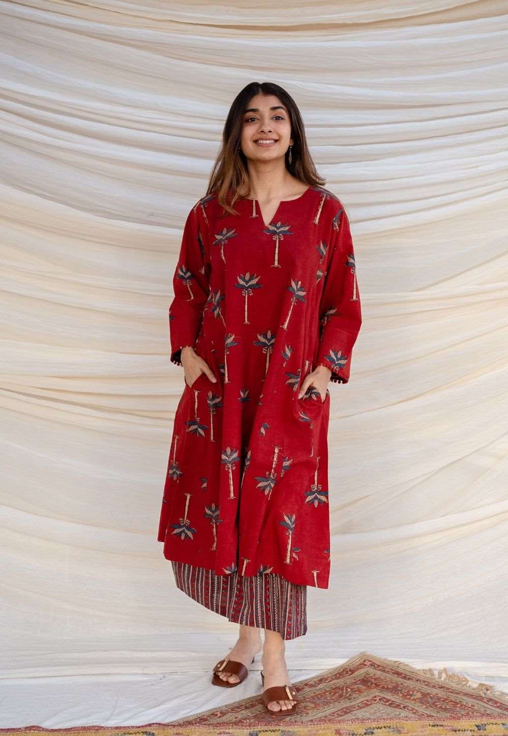 Maroon Cotton Palm Print Ethnic Co-ord Set For Women