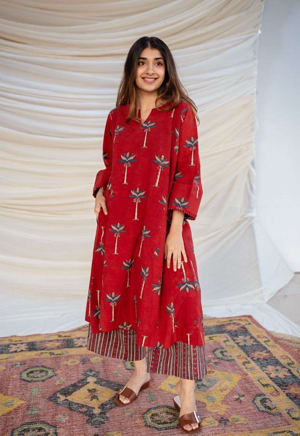 Maroon Cotton Palm Print Ethnic Co-ord Set For Women
