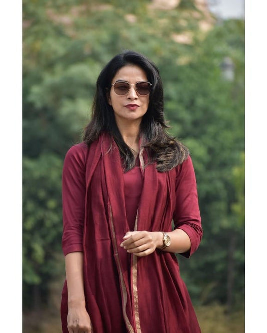 Women’s Maroon Pure Cotton Plain Kurti Pant Set with Chanderi Dupatta, Elegant Wear for Women