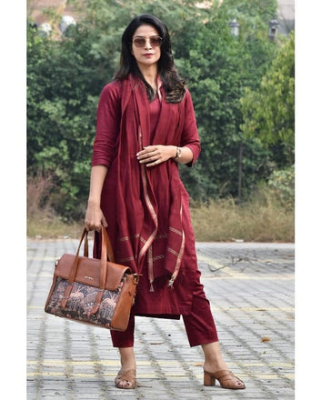 Women’s Maroon Pure Cotton Plain Kurti Pant Set with Chanderi Dupatta, Elegant Wear for Women