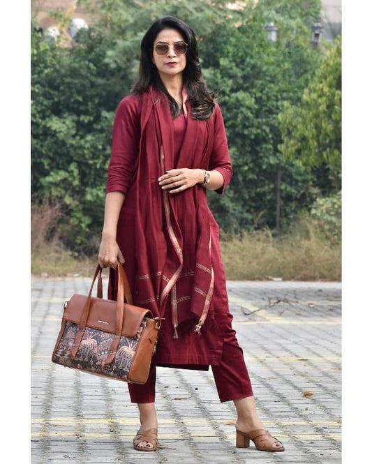 Women’s Maroon Pure Cotton Plain Kurti Pant Set with Chanderi Dupatta, Elegant Wear for Women