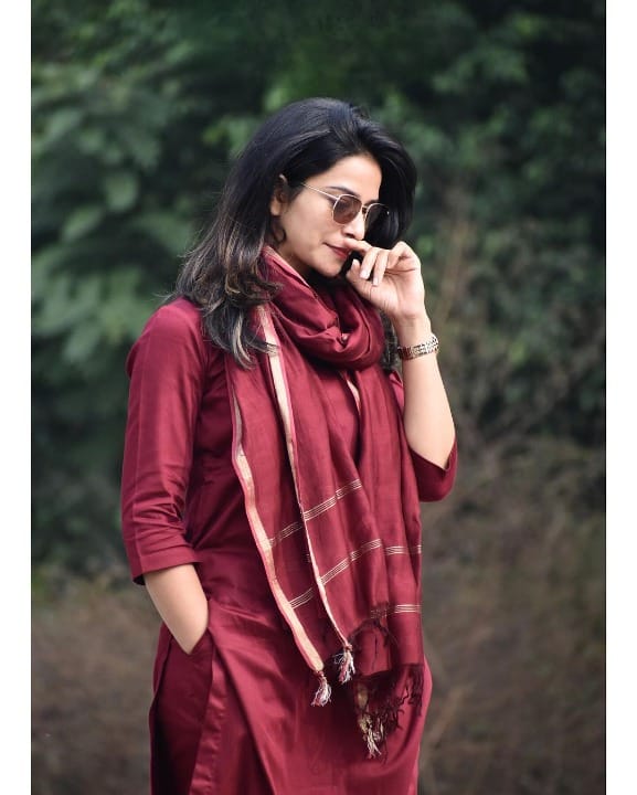 Maroon Cotton Plain Kurti Pant Set with Chanderi Dupatta For Women