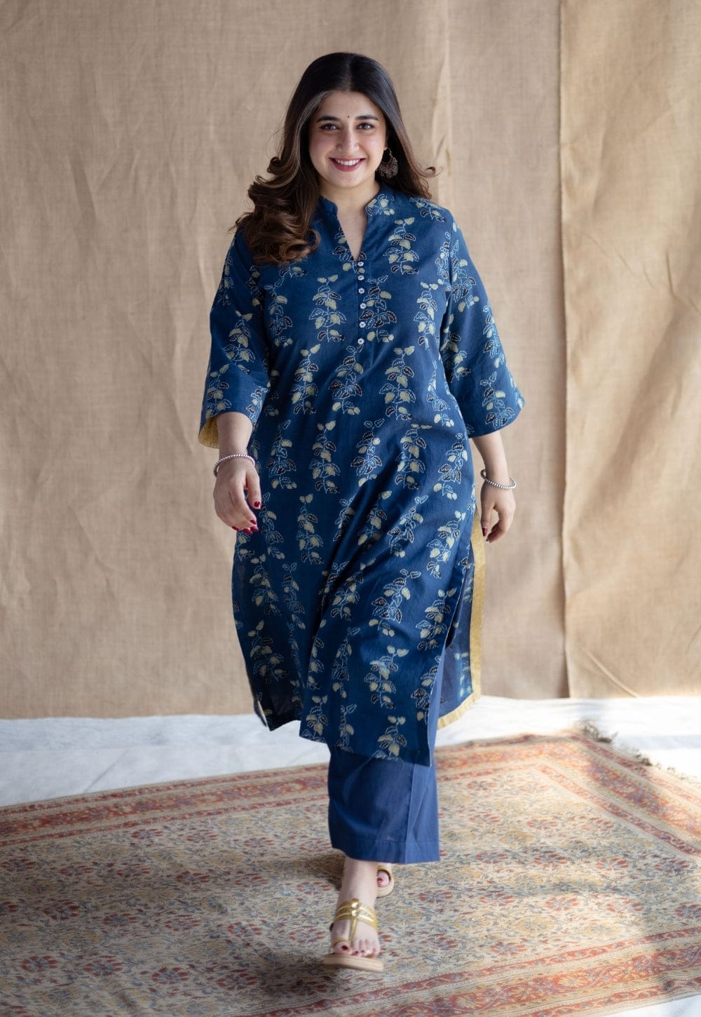 Indigo Blue Cotton Floral Block Print Kurta And Pant Set For Women