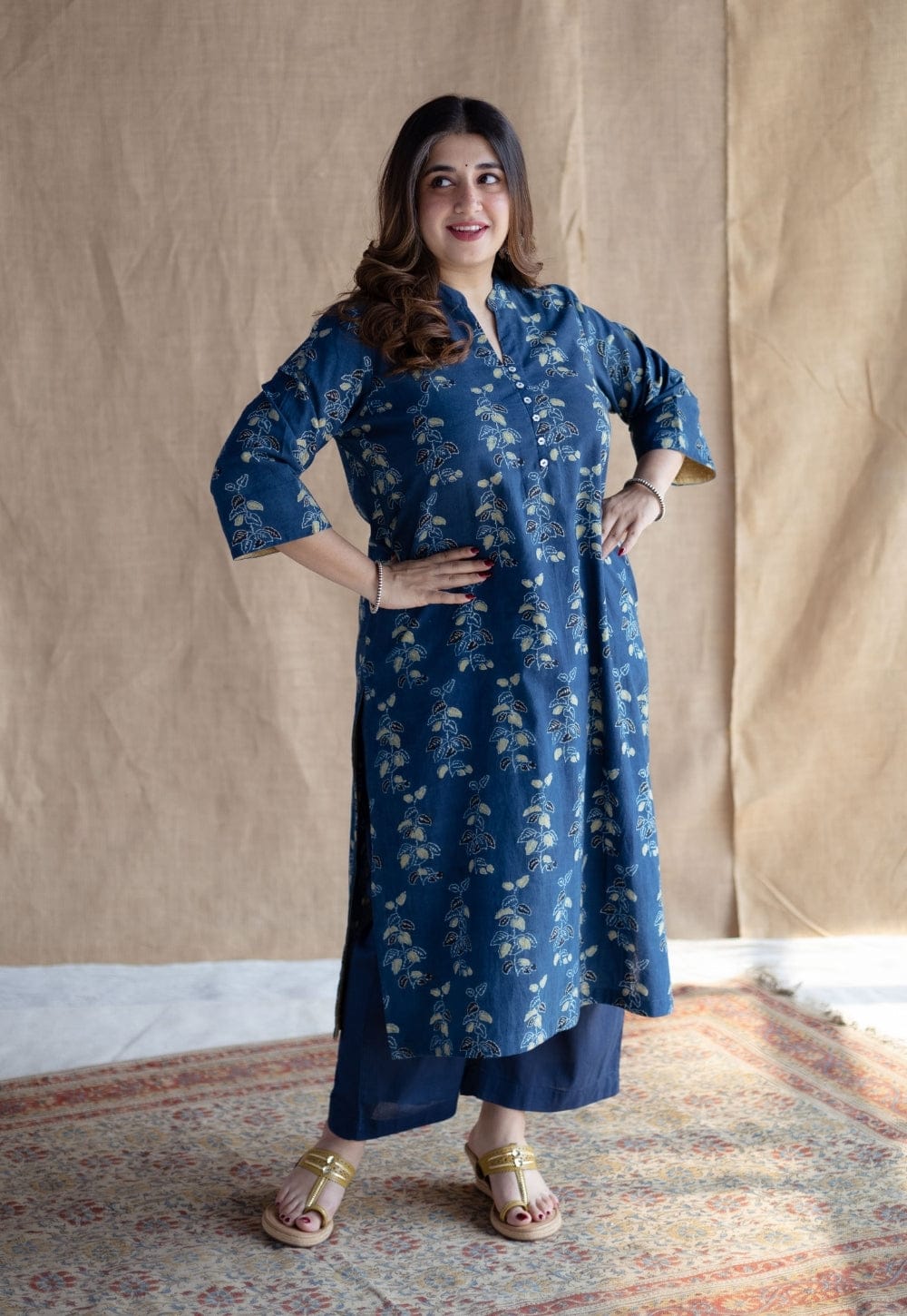 Indigo Blue Cotton Floral Block Print Kurta And Pant Set For Women