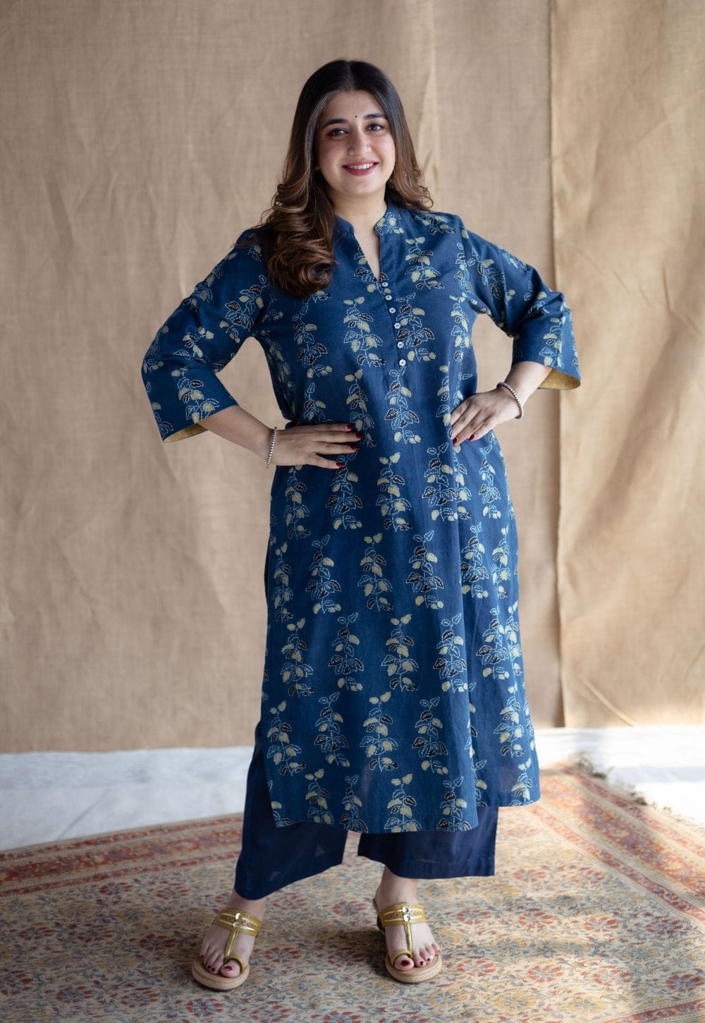 Indigo Blue Cotton Floral Block Print Kurta And Pant Set For Women
