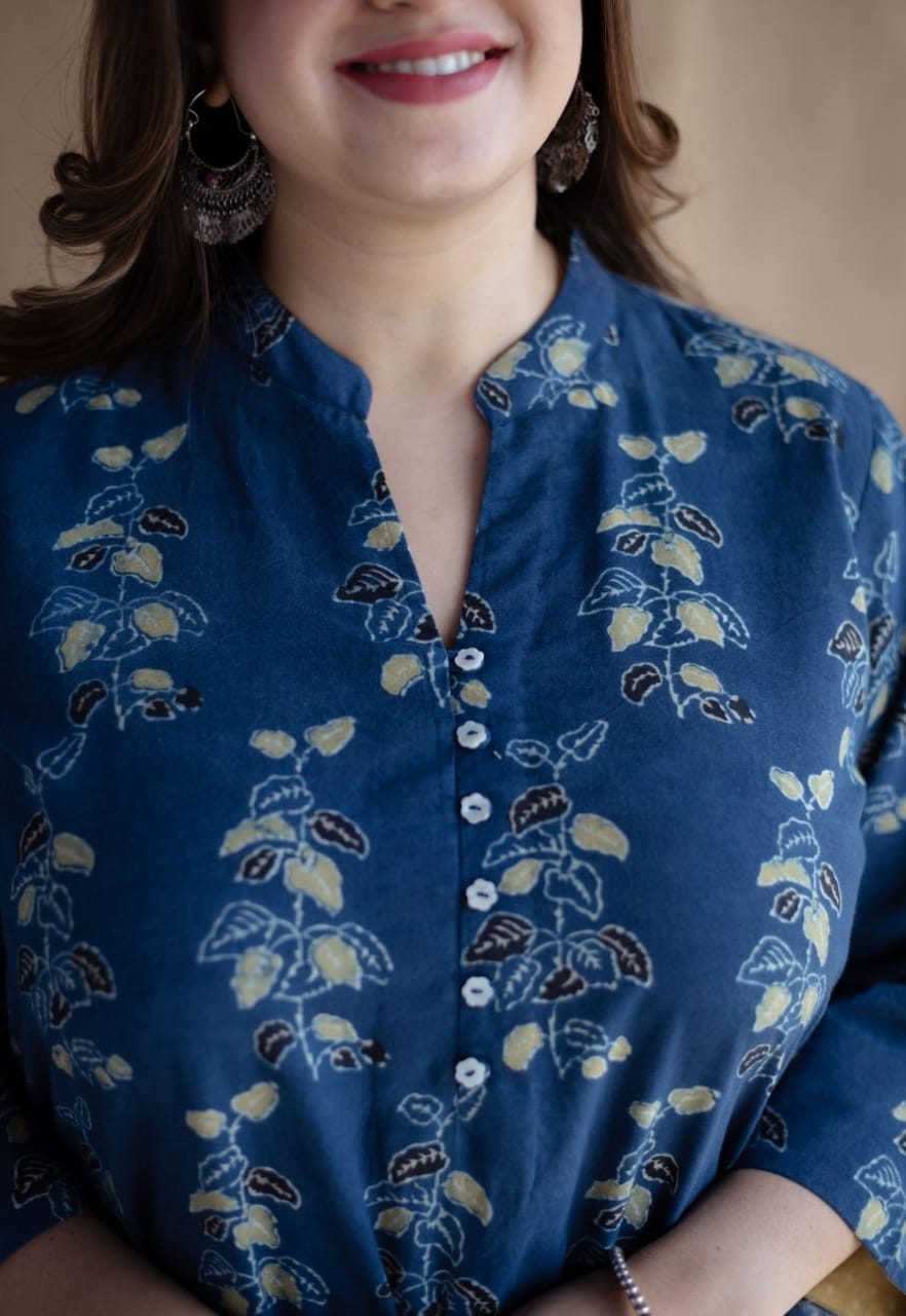 Indigo Blue Cotton Floral Block Print Kurta And Pant Set For Women
