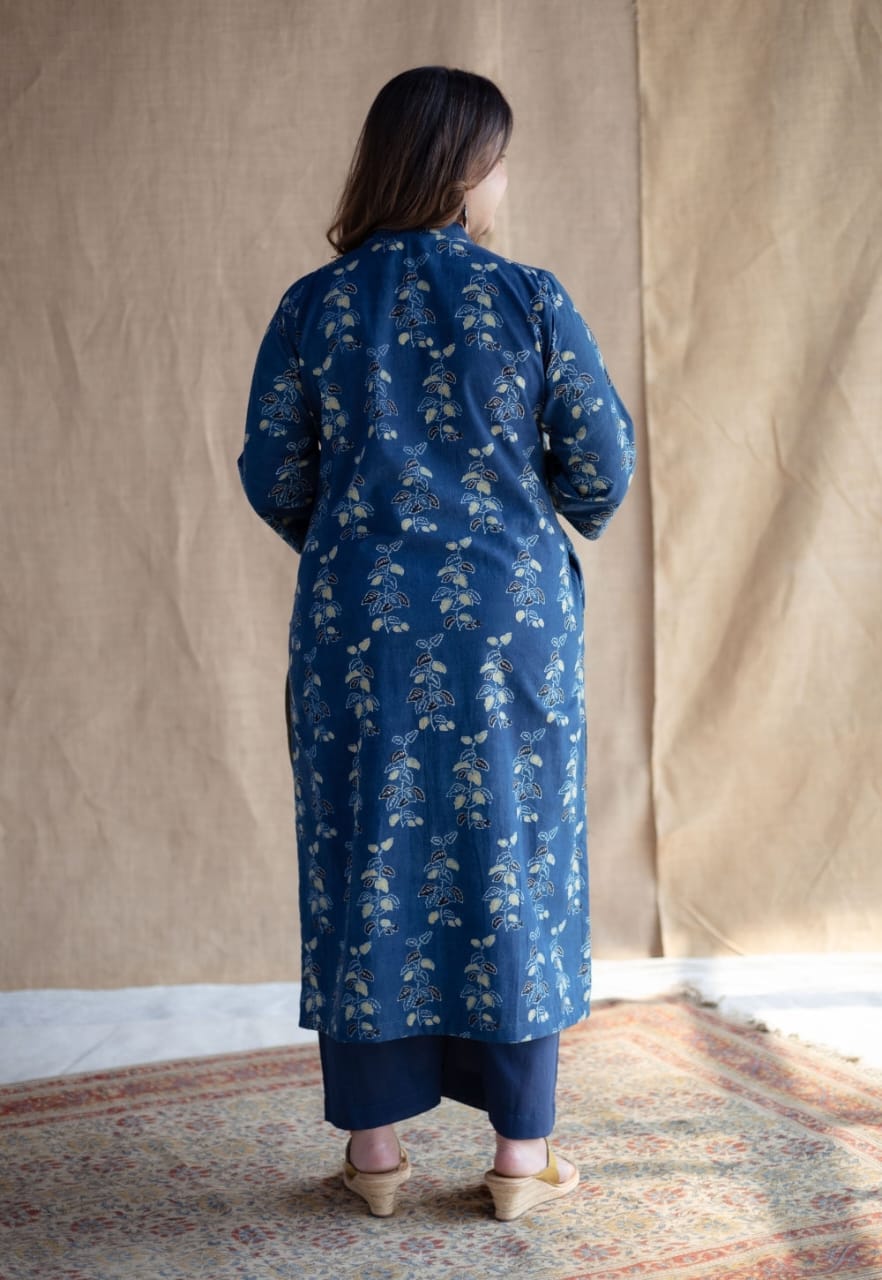 Indigo Blue Cotton Floral Block Print Kurta And Pant Set For Women