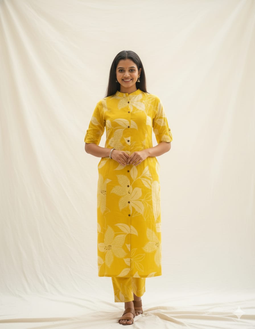 Yellow Cotton Floral Button-Down Co-ord Set For Women