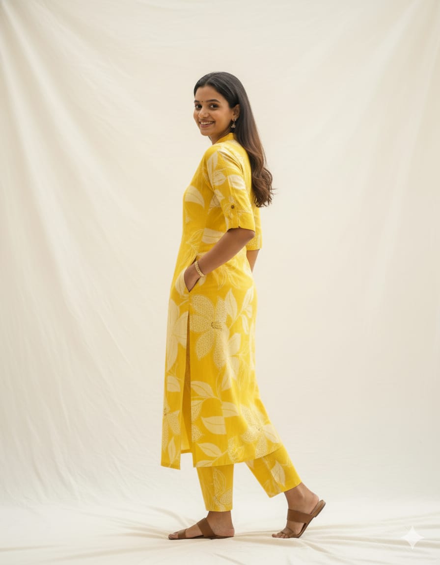 Yellow Cotton Floral Button-Down Co-ord Set For Women