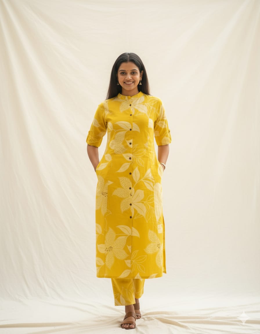 Yellow Cotton Floral Button-Down Co-ord Set For Women