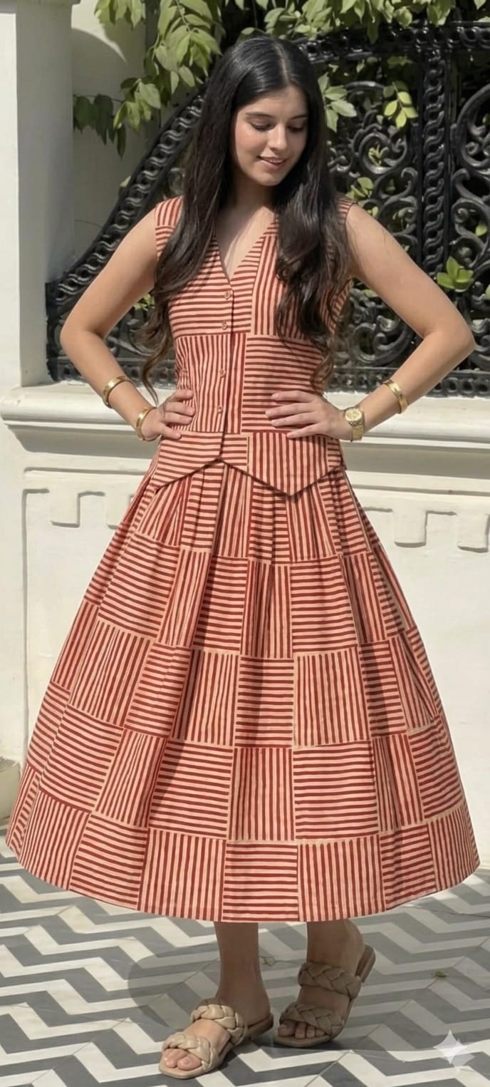Crimson Stripe Vest & Tiered Midi Skirt Set