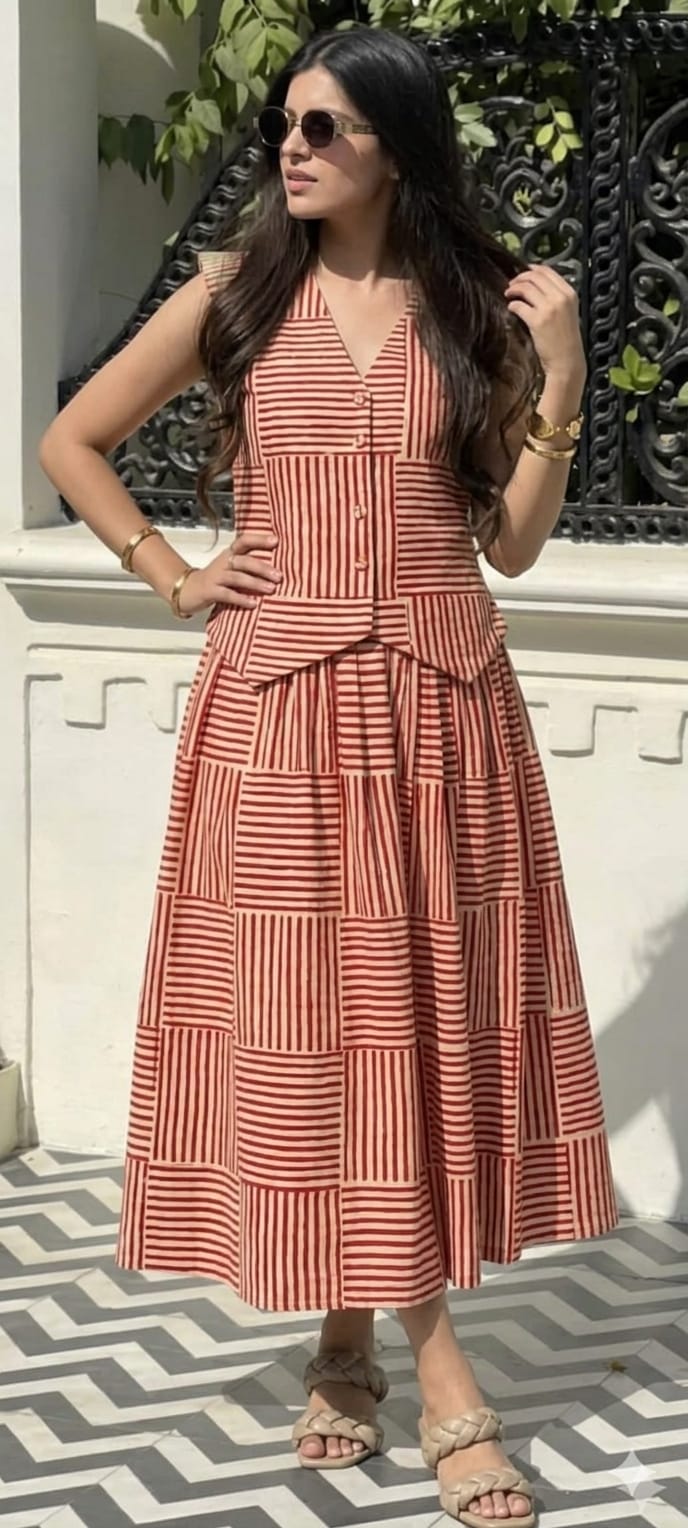 Crimson Stripe Vest & Tiered Midi Skirt Set