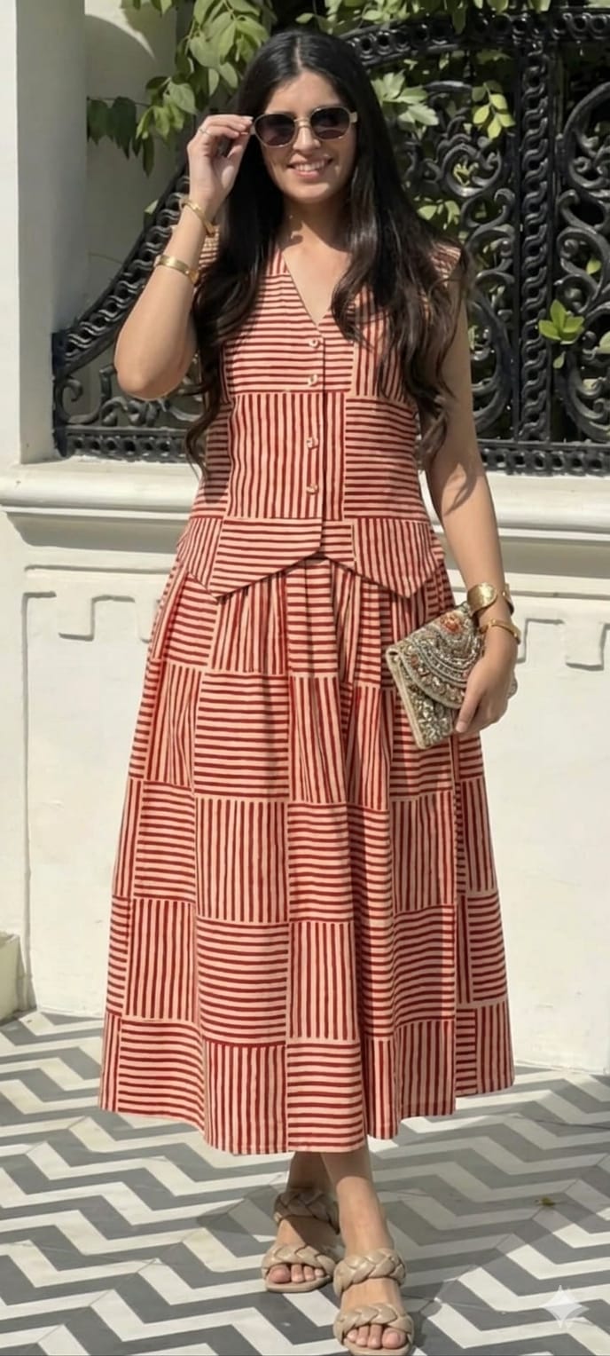 Crimson Stripe Vest & Tiered Midi Skirt Set