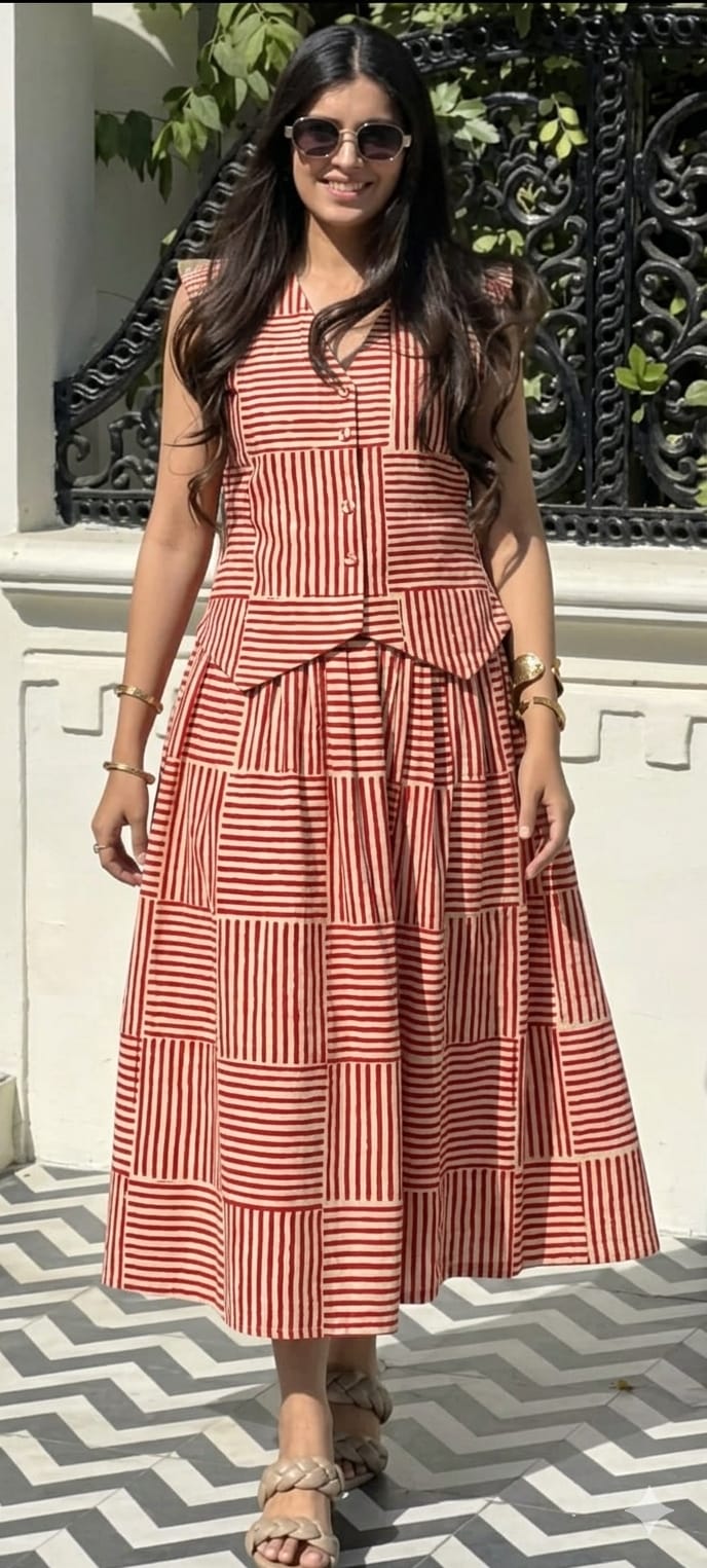 Crimson Stripe Vest & Tiered Midi Skirt Set