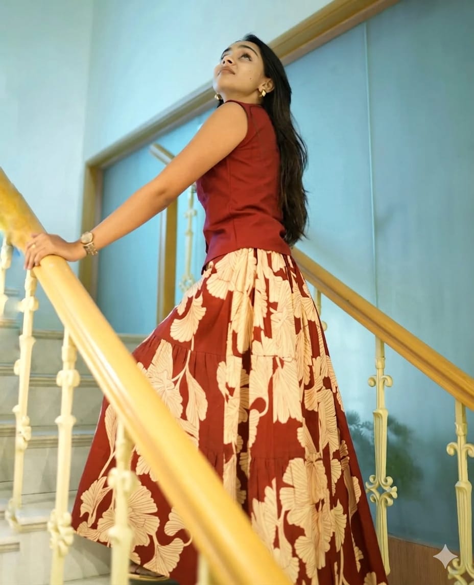 Rust Maroon Cotton Top & Leaf Print Skirt Set