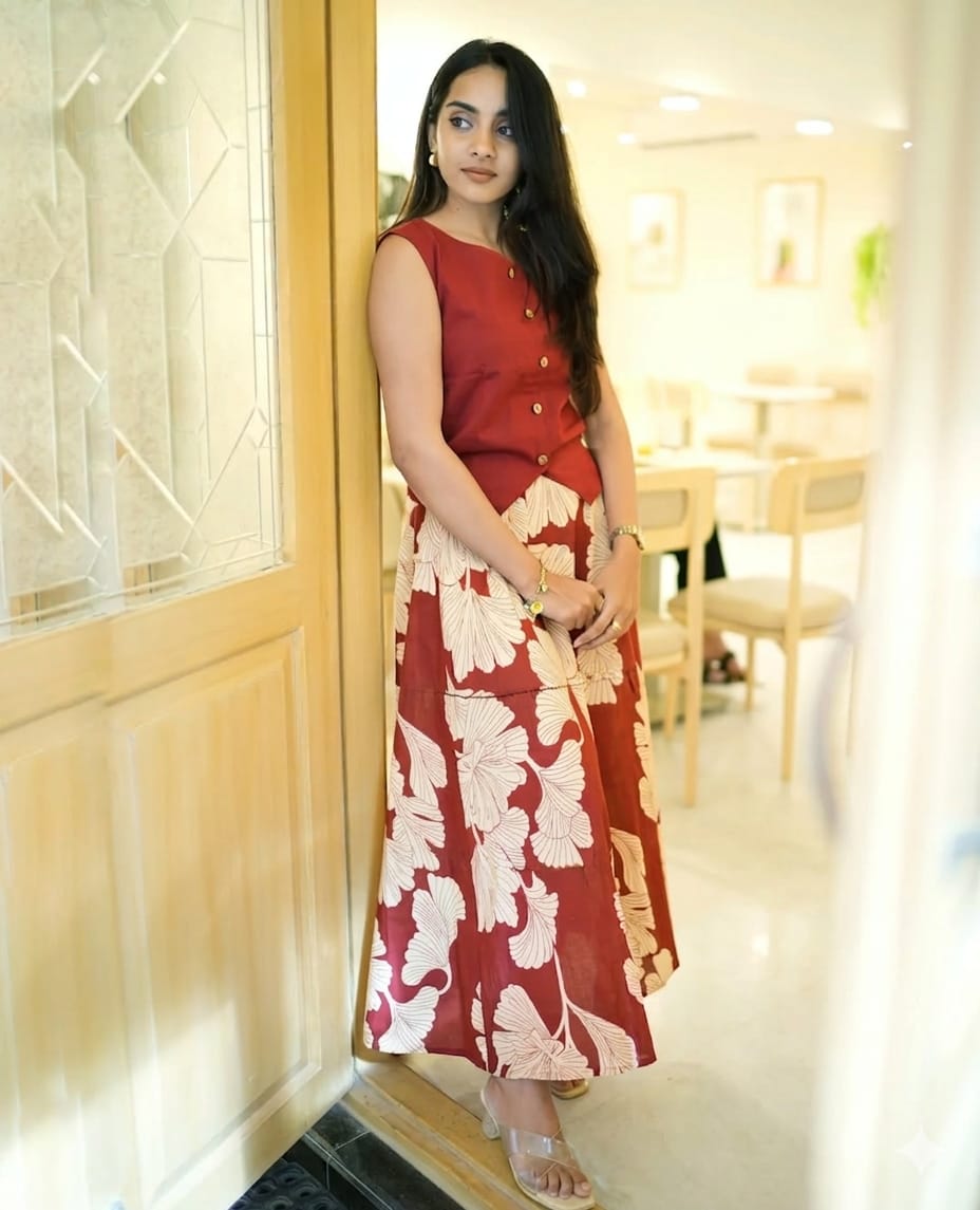 Rust Maroon Cotton Top & Leaf Print Skirt Set