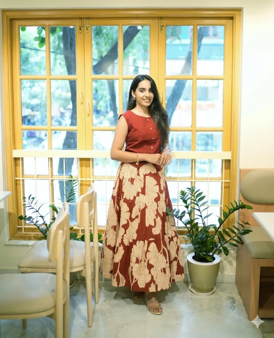Rust Maroon Cotton Top & Leaf Print Skirt Set