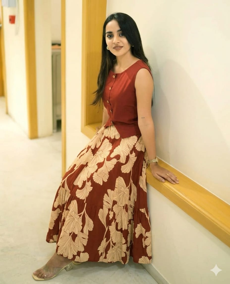 Rust Maroon Cotton Top & Leaf Print Skirt Set