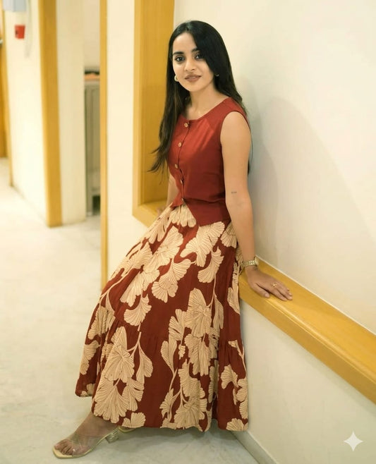Rust Maroon Cotton Top & Leaf Print Skirt Set