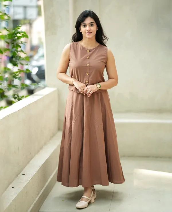 Brown Cotton Button-Down Skirt Set