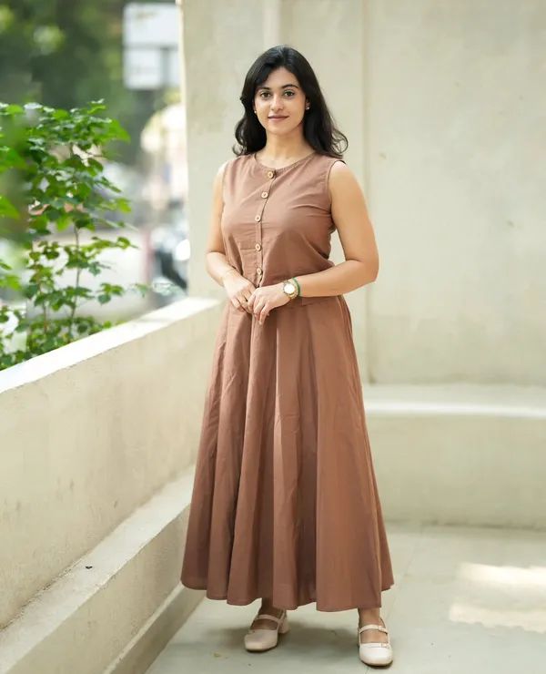 Brown Cotton Button-Down Skirt Set