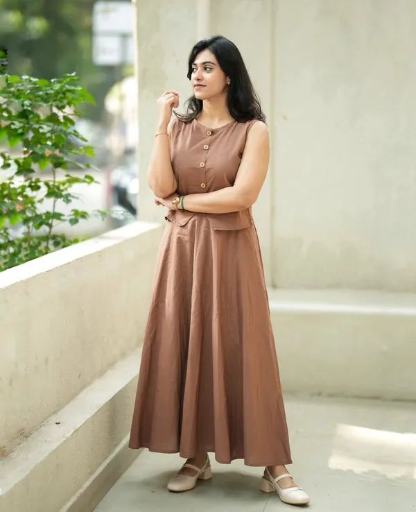 Brown Cotton Button-Down Skirt Set