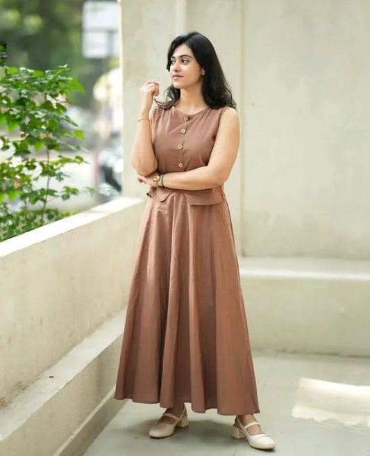 Brown Cotton Button-Down Skirt Set