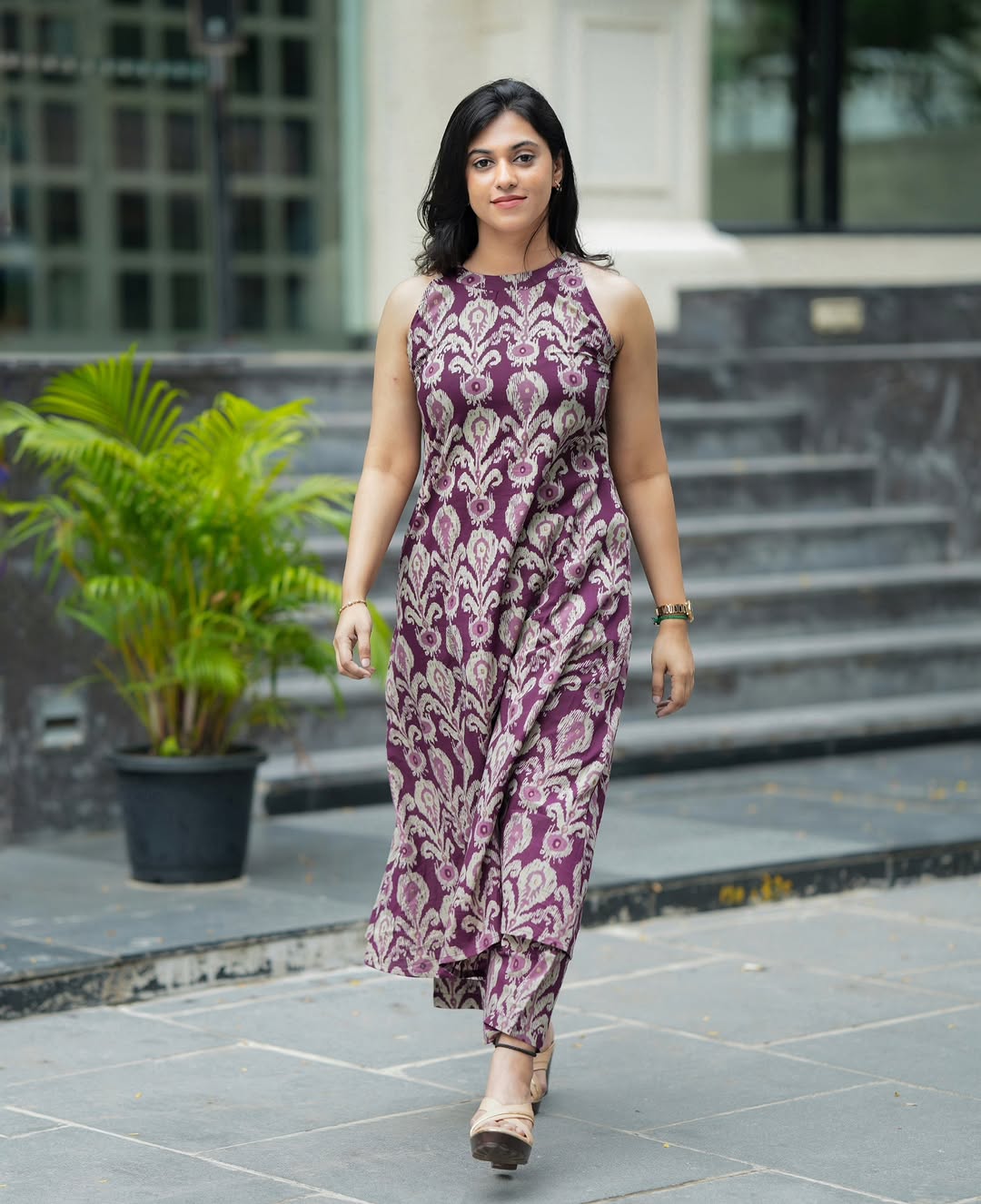 Purple Cotton Aline Halter Neck Kurta Pant Set