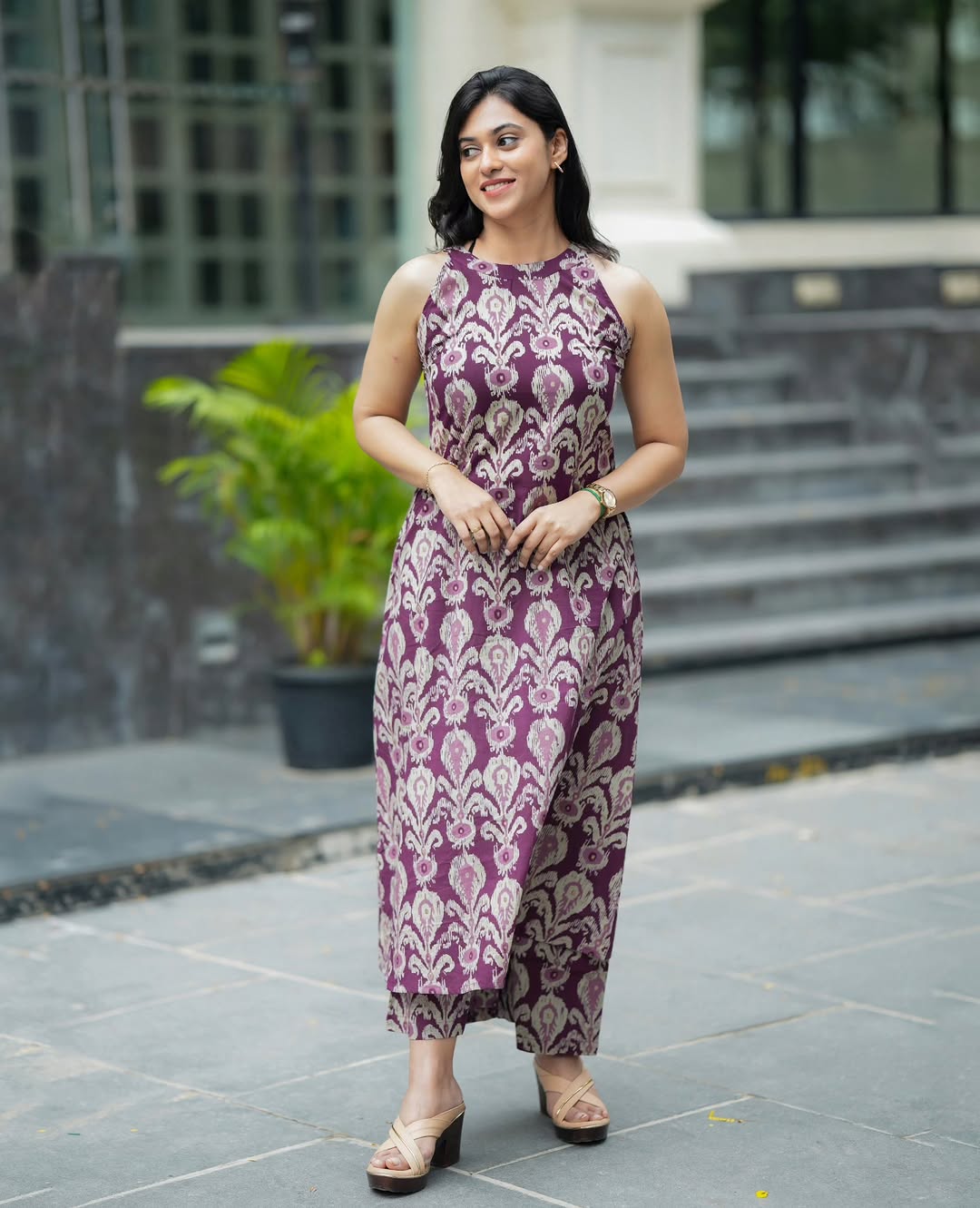 Purple Cotton Aline Halter Neck Kurta Pant Set