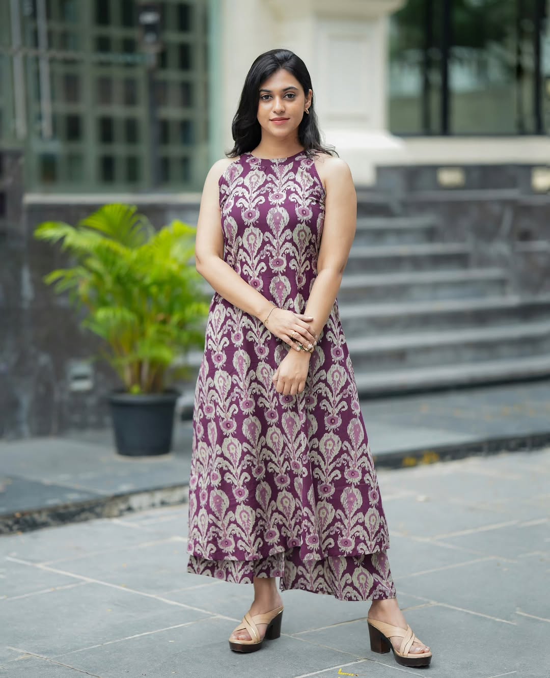 Purple Cotton Aline Halter Neck Kurta Pant Set