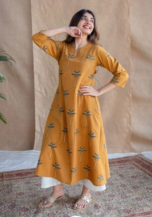 Mustard Yellow Palm-Motif Ethnic Kurta Set