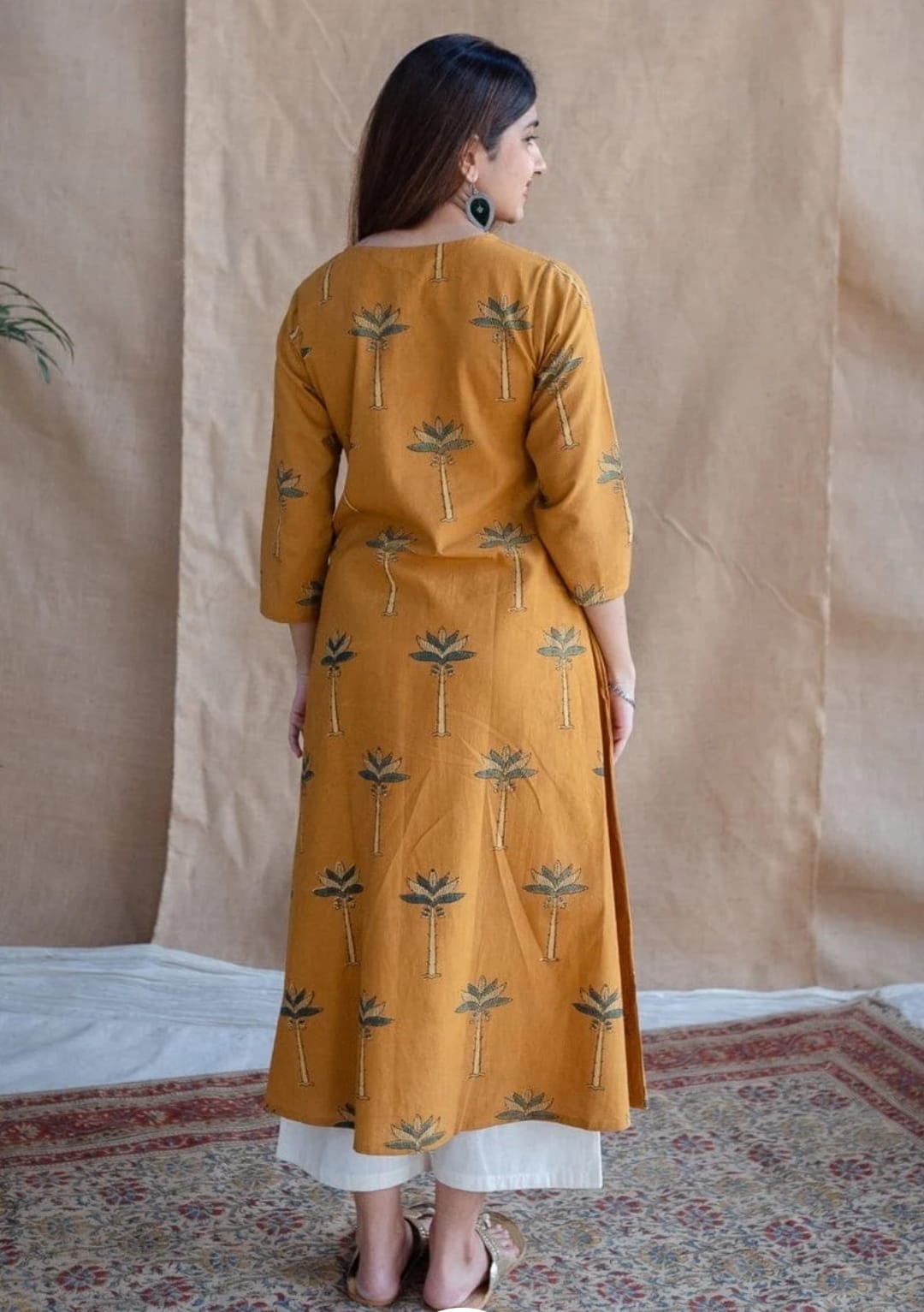 Mustard Yellow Cotton Palm Motif Ethnic Kurta And Pant Set For Women