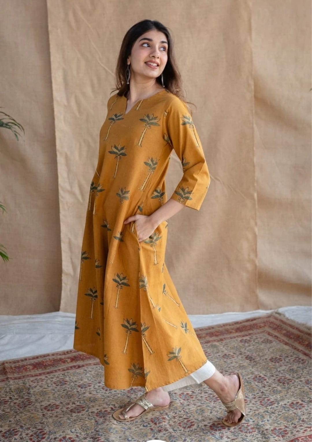 Mustard Yellow Cotton Palm Motif Ethnic Kurta And Pant Set For Women