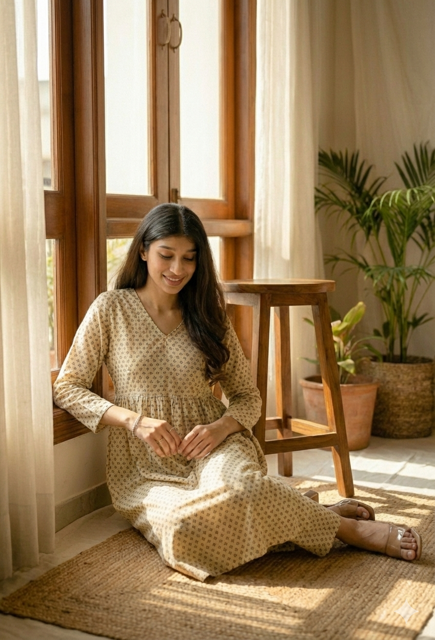 Beige Cotton Motif Print Kurta And Pant Set For Women