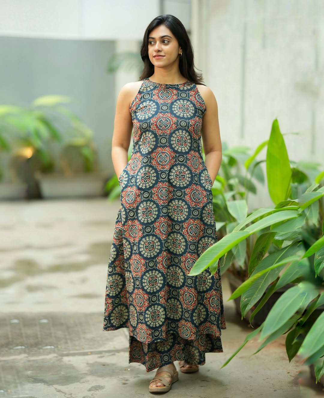 Elegant Dark Teal Mandana Block Print High-Low Kurta with Palazzo Set