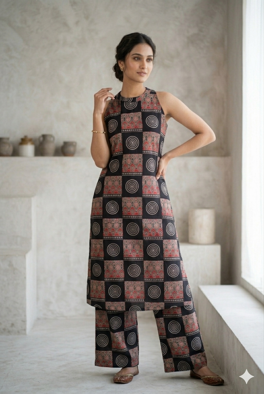 Women's Cotton Ajrakh Print Sleeveless Kurta and Palazzo Set - Black