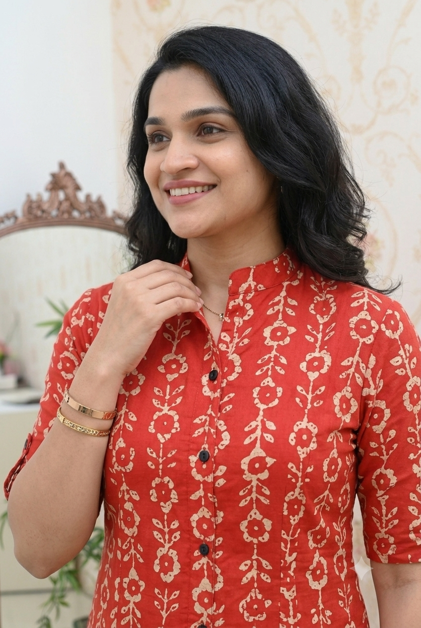 Red Cotton Printed Straight Kurta with Pant Set