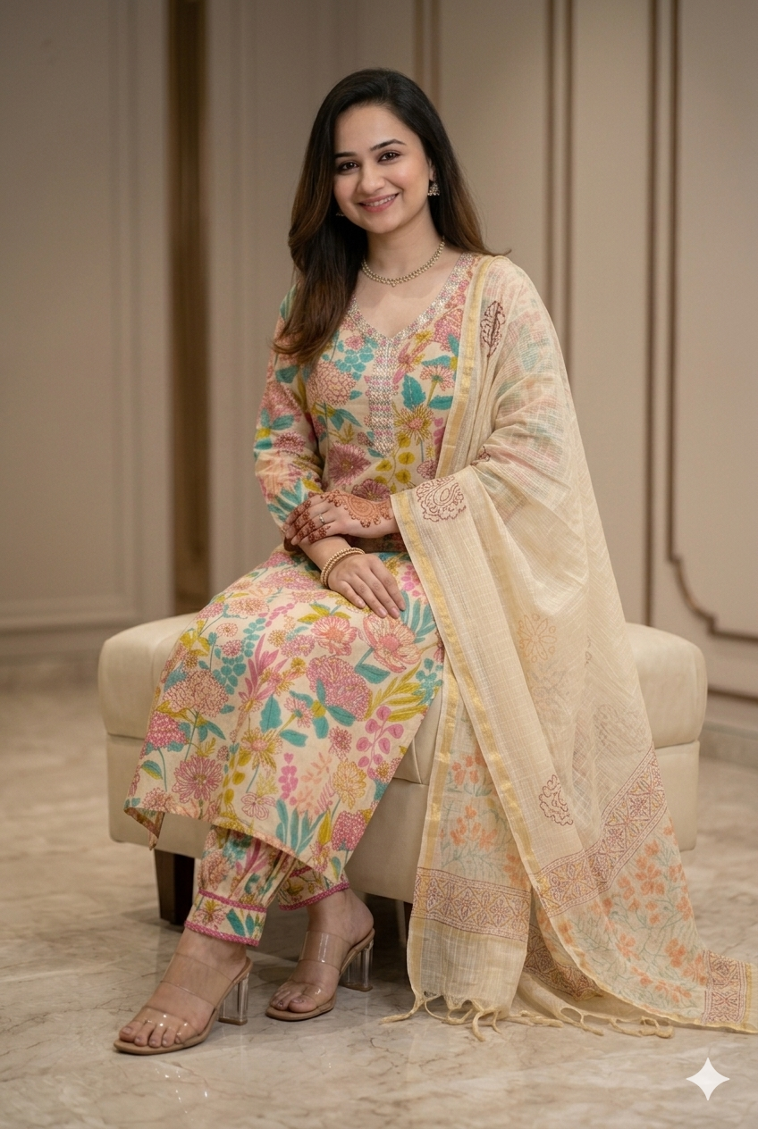 Floral Printed Cotton Kurta Set with Afghan Pants & Sheer Dupatta