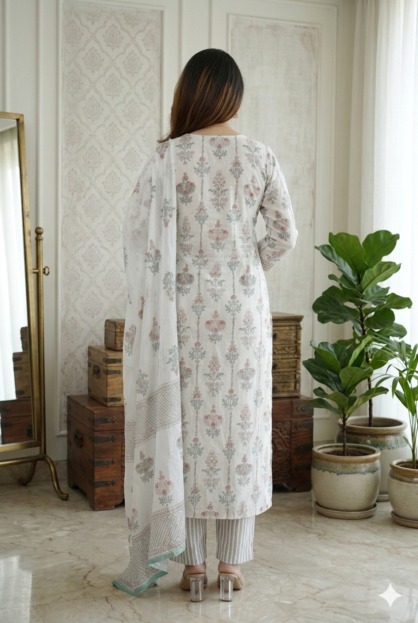 Off-White Cotton Kurta Set with Sage Green Floral Butis & Striped Pants