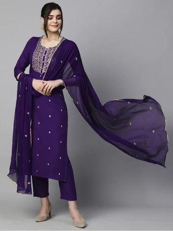 Women's Beautiful Embroidery Rayon Kurta Pant & Dupatta Set