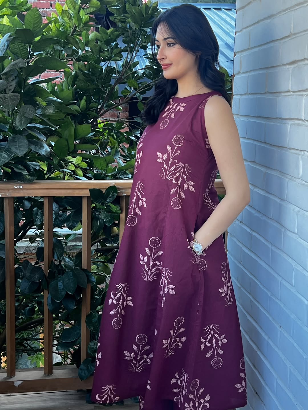 Maroon Cotton Floral Block Print Sleeveless Kurta And Pant Set For Women