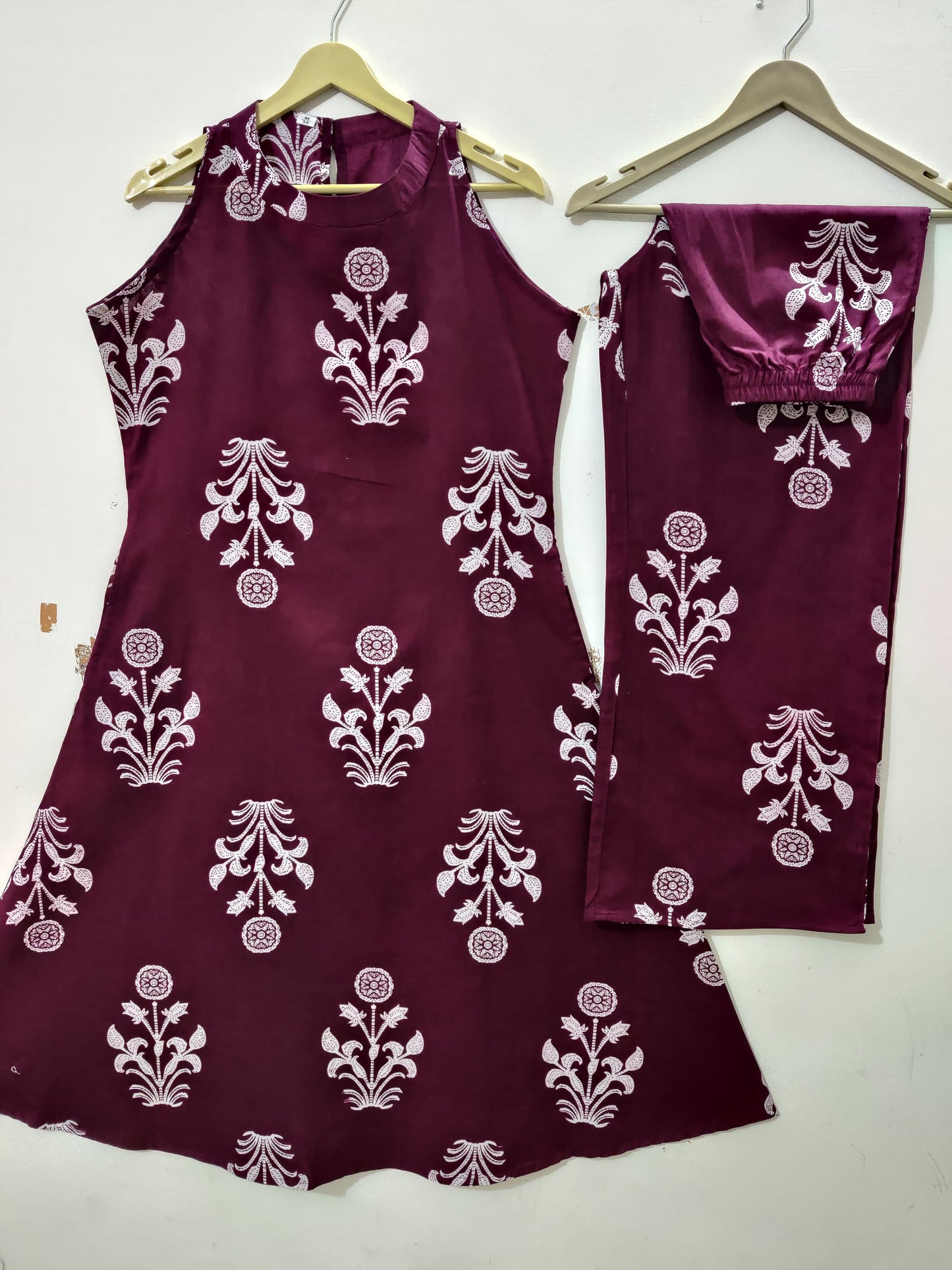 Maroon Cotton Floral Block Print Sleeveless Kurta And Pant Set For Women
