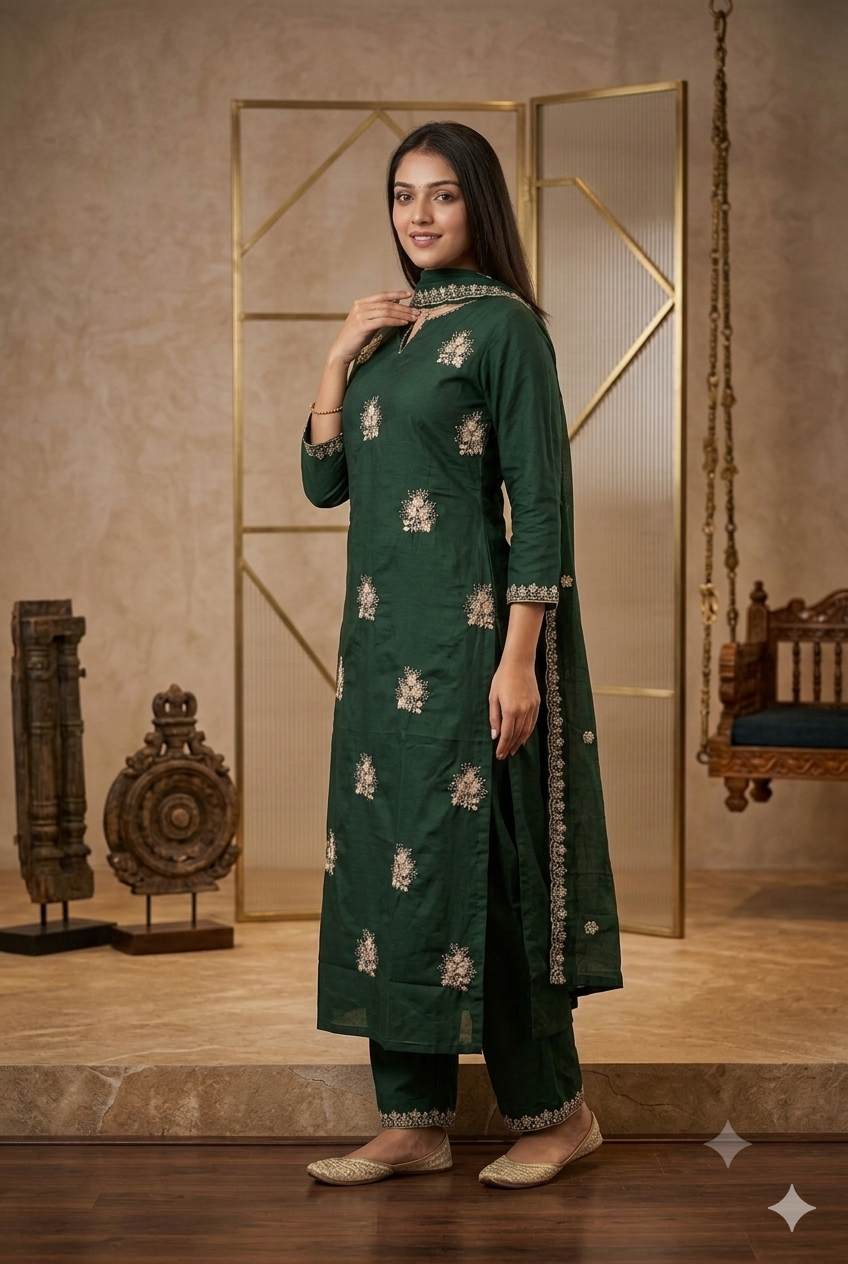 Regal Deep Green Silk Kurta Set with Zari Embroidery, Pant & Scalloped Dupatta