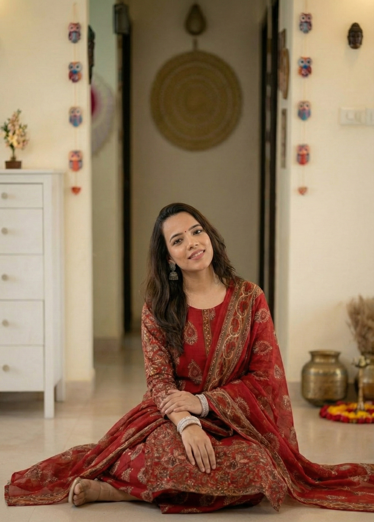 Red And Gold Cotton Block-Printed Traditional Kurta Pant Set with Dupatta For Women