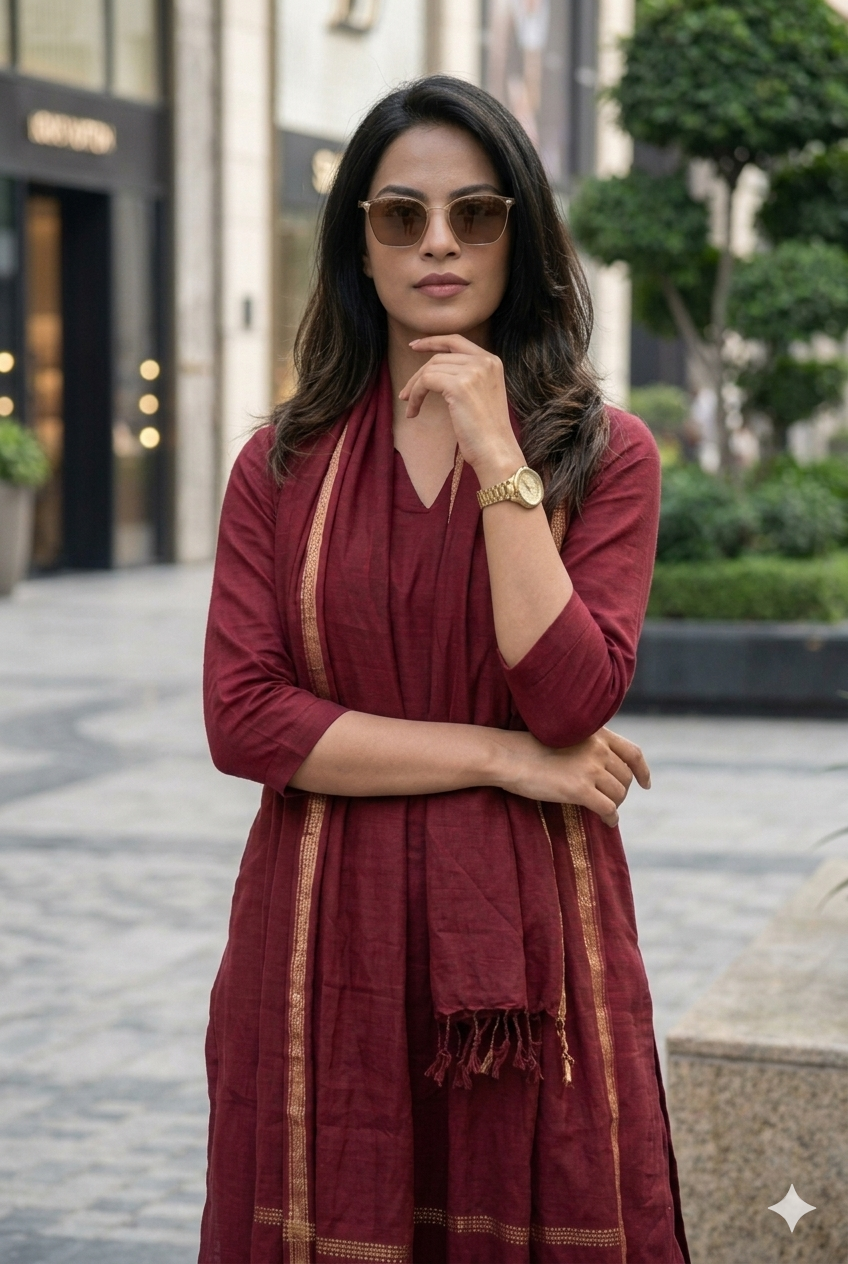 Regal Maroon Pure Cotton Co-Ord Set with Golden Zari Embroidered Borders