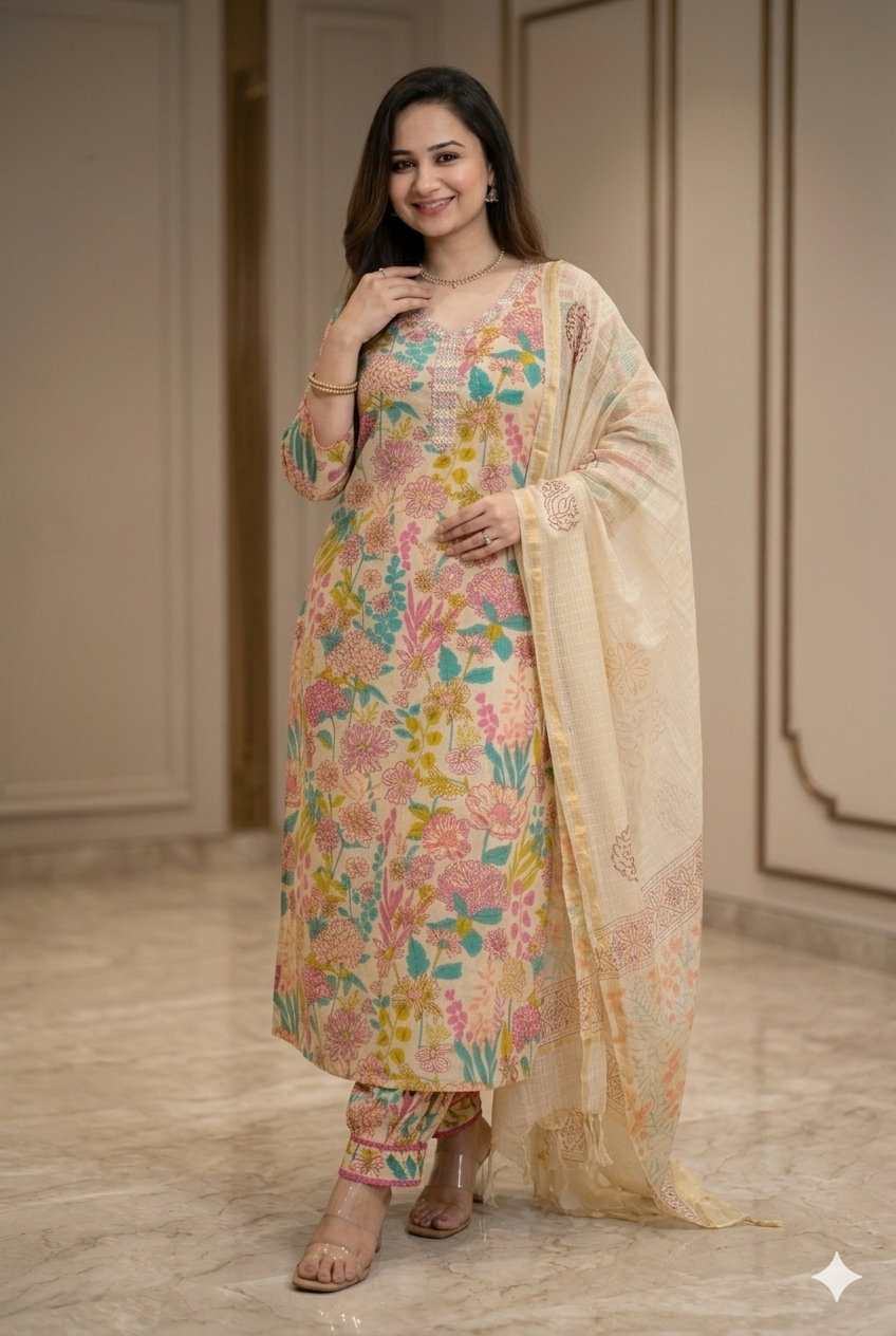 Floral Printed Cotton Kurta Set with Afghan Pants & Sheer Dupatta